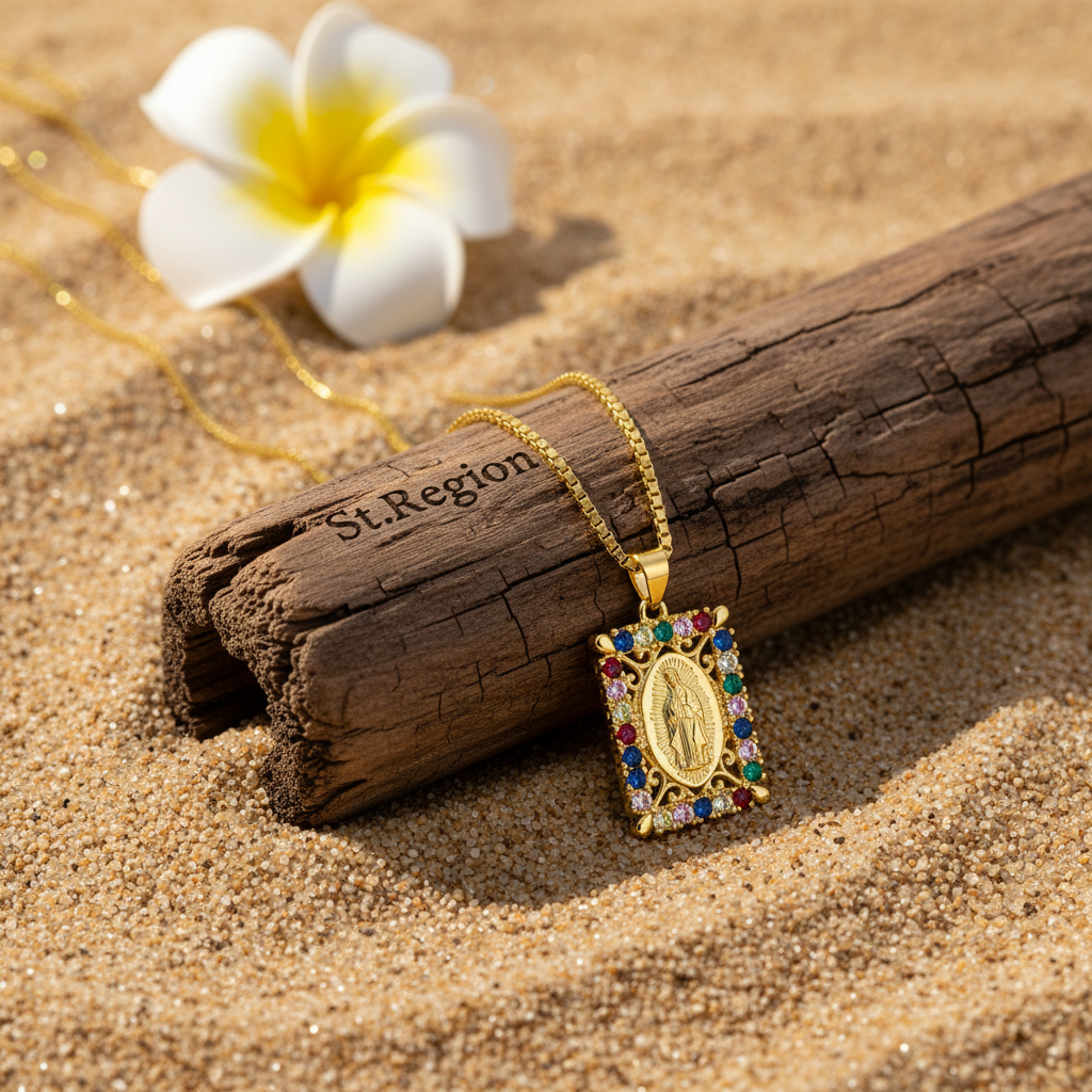 Colored Cubic Zirconia & Goldtone Marry Rectangle Pendant Necklace