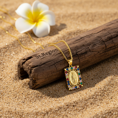 Colored Cubic Zirconia & Goldtone Marry Rectangle Pendant Necklace