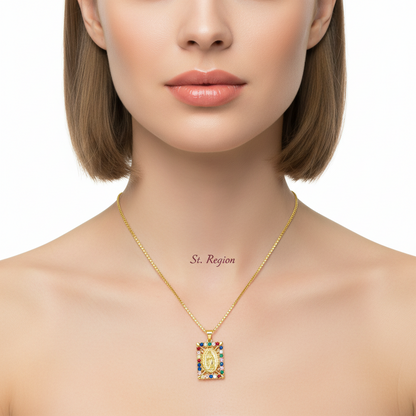 Colored Cubic Zirconia & Goldtone Marry Rectangle Pendant Necklace