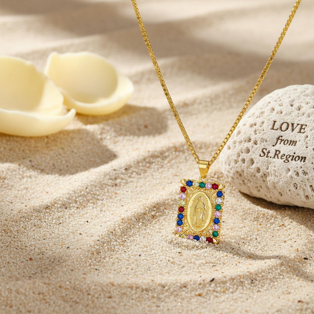 Colored Cubic Zirconia & Goldtone Marry Rectangle Pendant Necklace