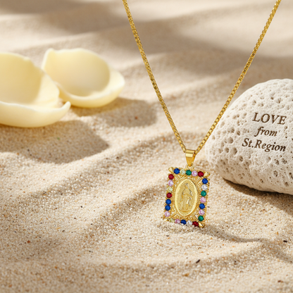 Colored Cubic Zirconia & Goldtone Marry Rectangle Pendant Necklace