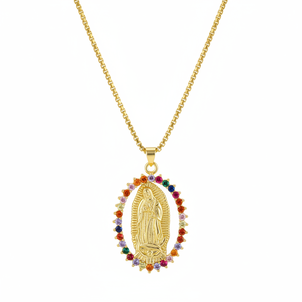 Red Cubic Zirconia & Goldtone Mary Pendant Necklace