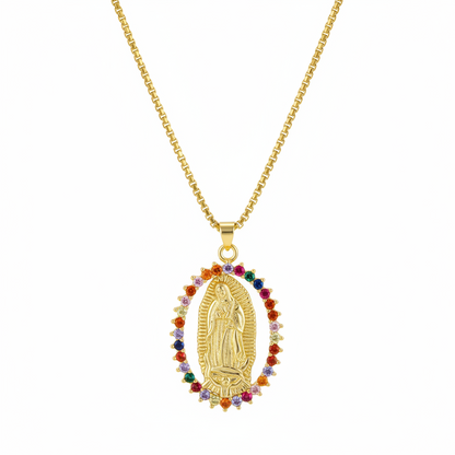 Red Cubic Zirconia & Goldtone Mary Pendant Necklace