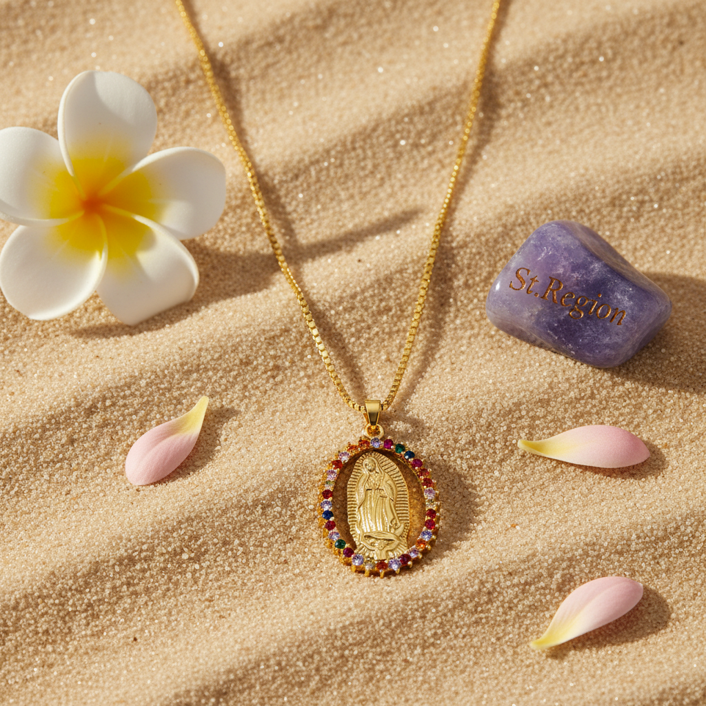 Red Cubic Zirconia & Goldtone Mary Pendant Necklace