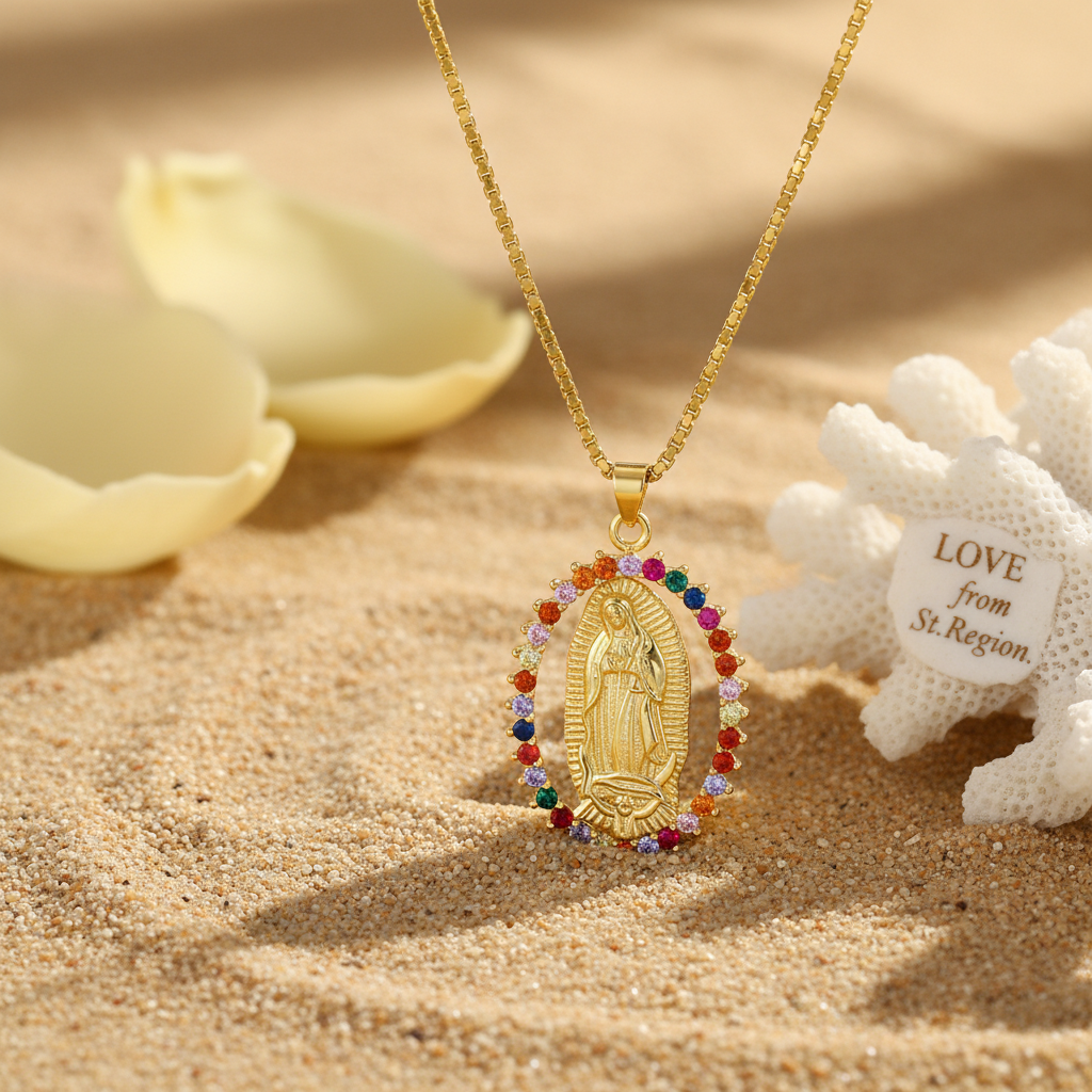 Red Cubic Zirconia & Goldtone Mary Pendant Necklace