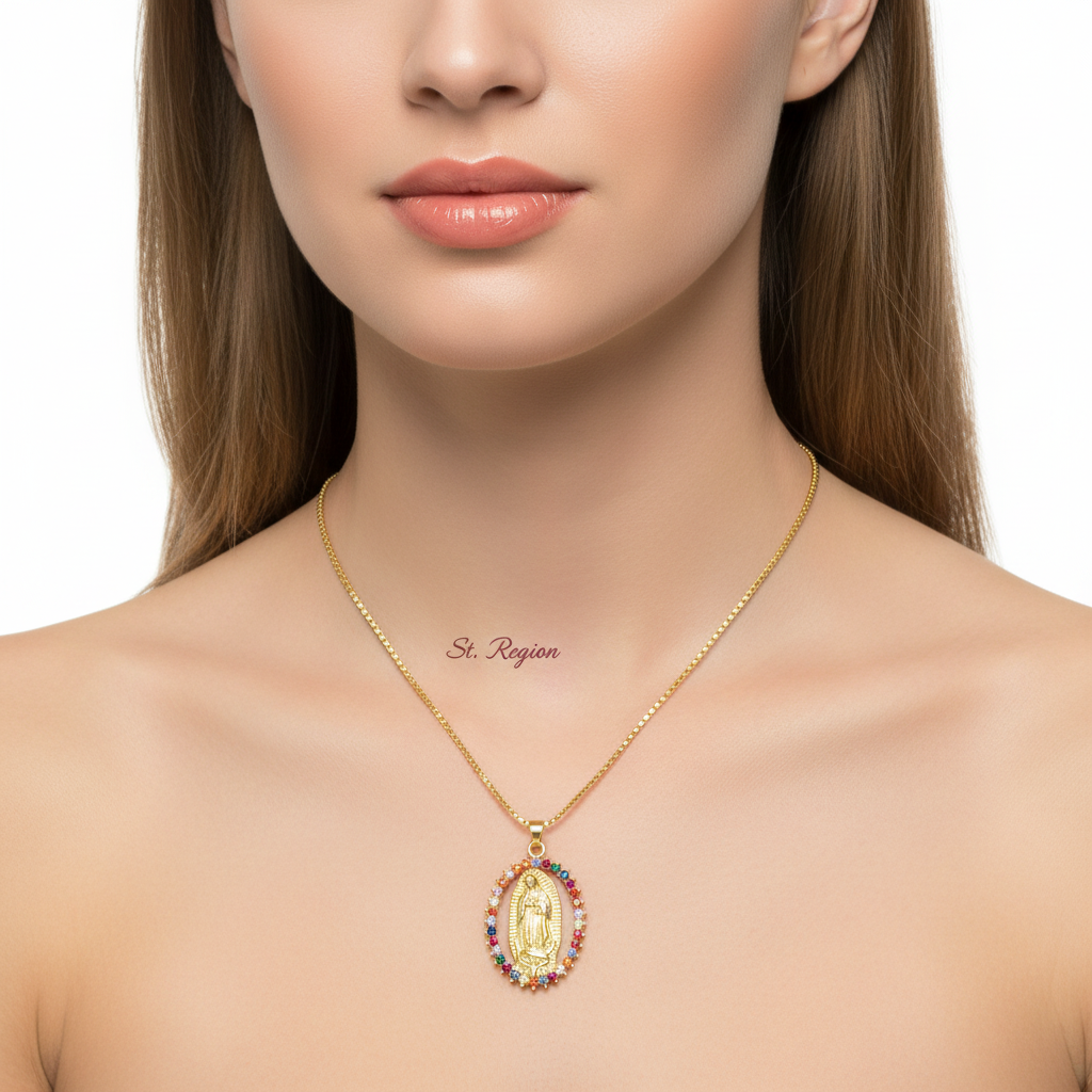 Red Cubic Zirconia & Goldtone Mary Pendant Necklace