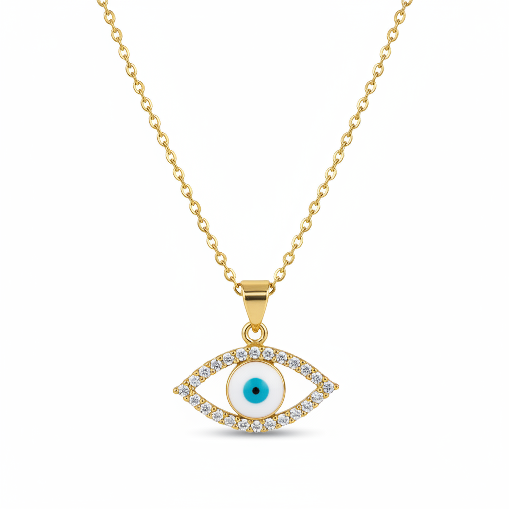 Clear Cubic Zirconia & White Enamel Eye Pendant Necklace