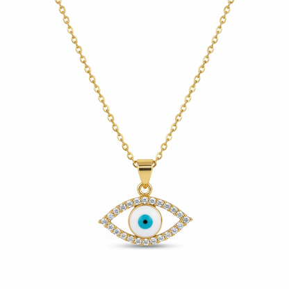 Clear Cubic Zirconia & White Enamel Eye Pendant Necklace