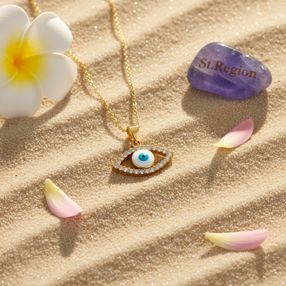 Clear Cubic Zirconia & White Enamel Eye Pendant Necklace