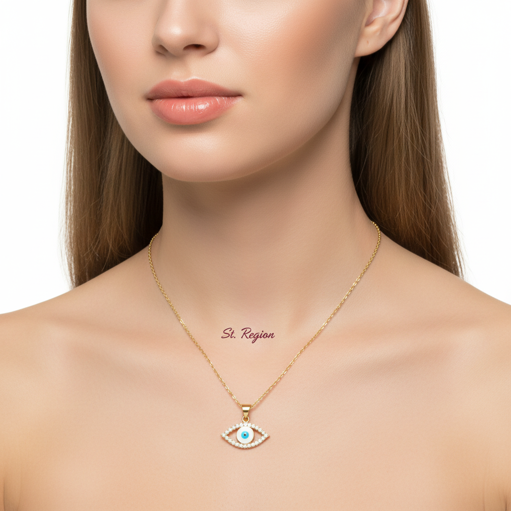 Clear Cubic Zirconia & White Enamel Eye Pendant Necklace