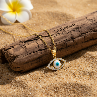 Clear Cubic Zirconia & White Enamel Eye Pendant Necklace