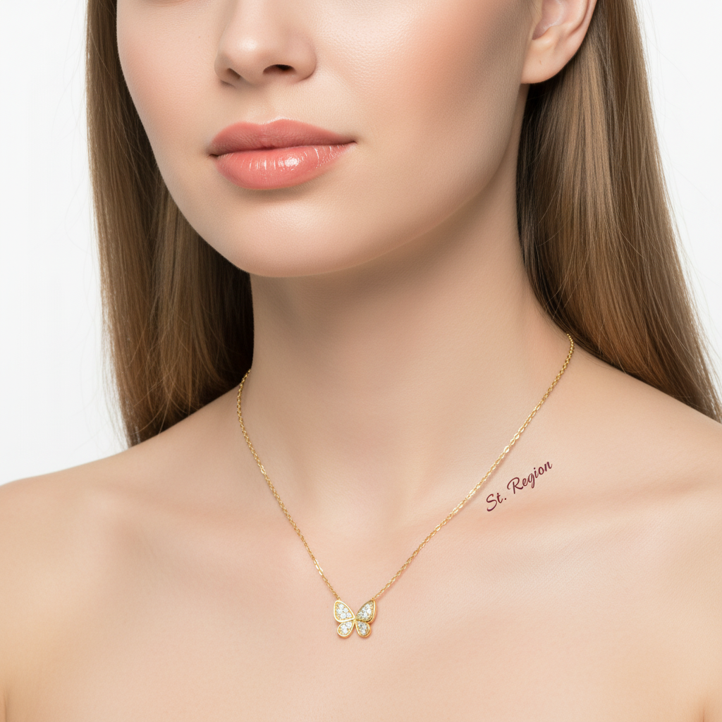 Cubic Zirconia & Goldtone Butterfly Pendant Necklace