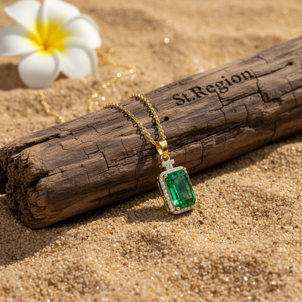 Green Crystal & Cubic Zirconia Goldtone Rectangle Pendant Necklace