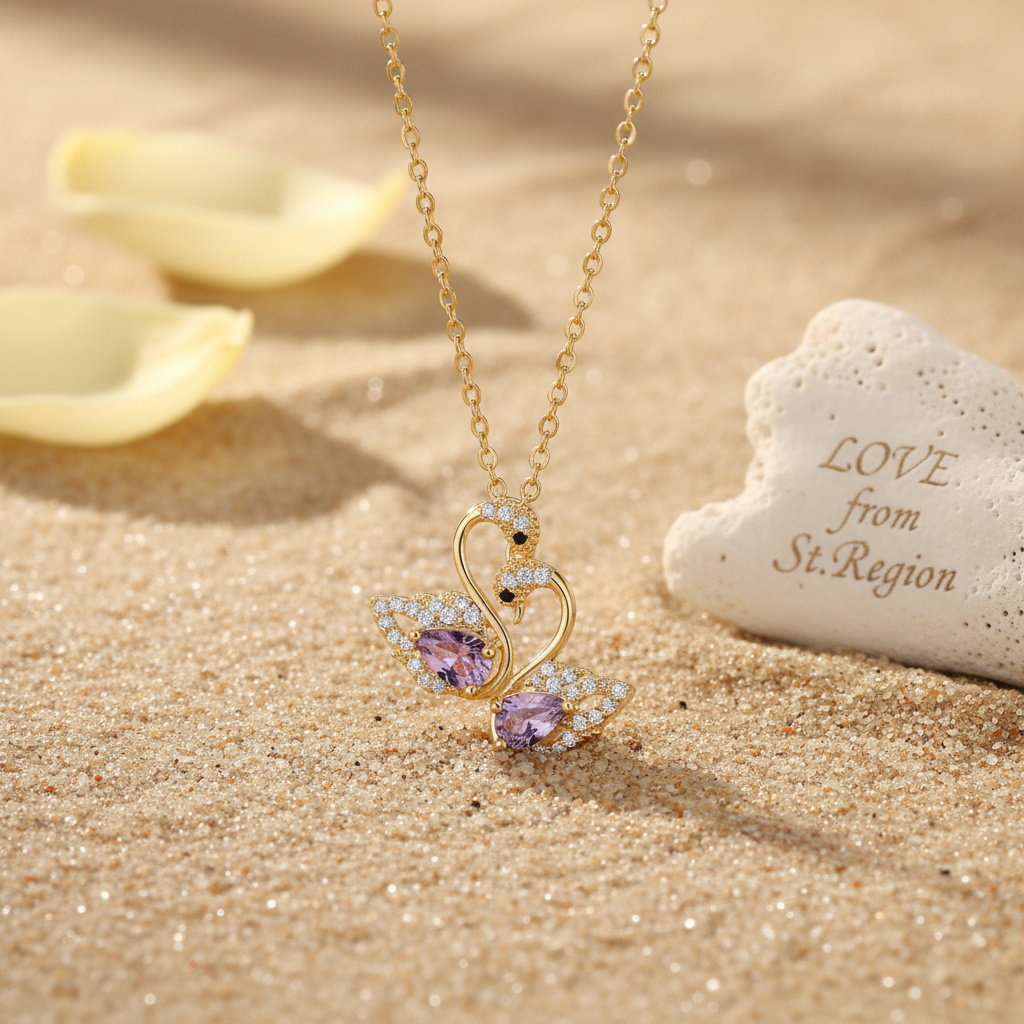 Purple Crystal & Cubic Zirconia Goldtone Swan Pendant Necklace