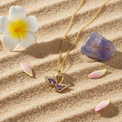 Purple Crystal & Cubic Zirconia Goldtone Swan Pendant Necklace