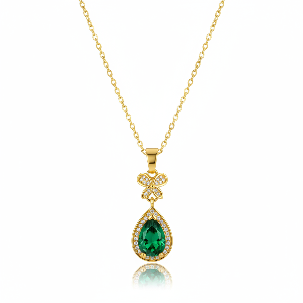 Green Crystal & Cubic Zirconia Butterfly Drop Pendant Necklace