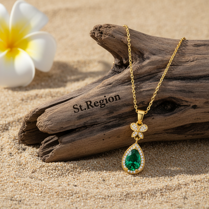 Green Crystal & Cubic Zirconia Butterfly Drop Pendant Necklace