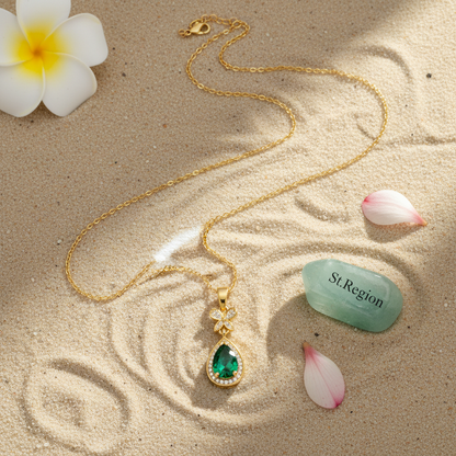 Green Crystal & Cubic Zirconia Butterfly Drop Pendant Necklace