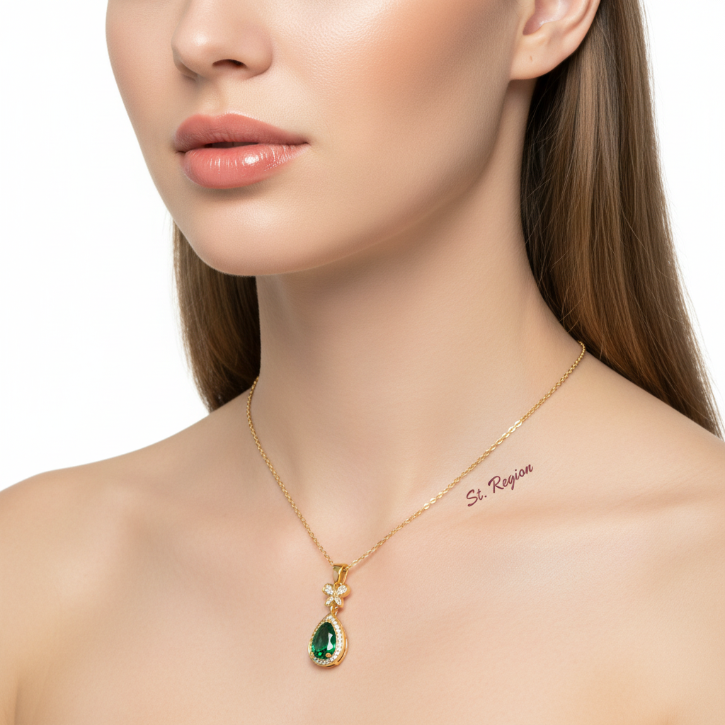 Green Crystal & Cubic Zirconia Butterfly Drop Pendant Necklace
