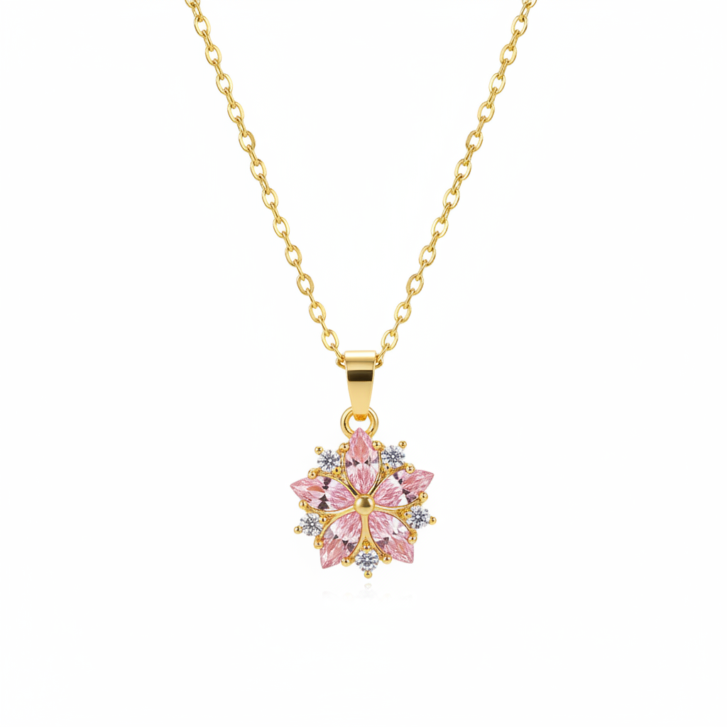 Pink Crystal & Cubic Zirconia Flower Pendant Necklace