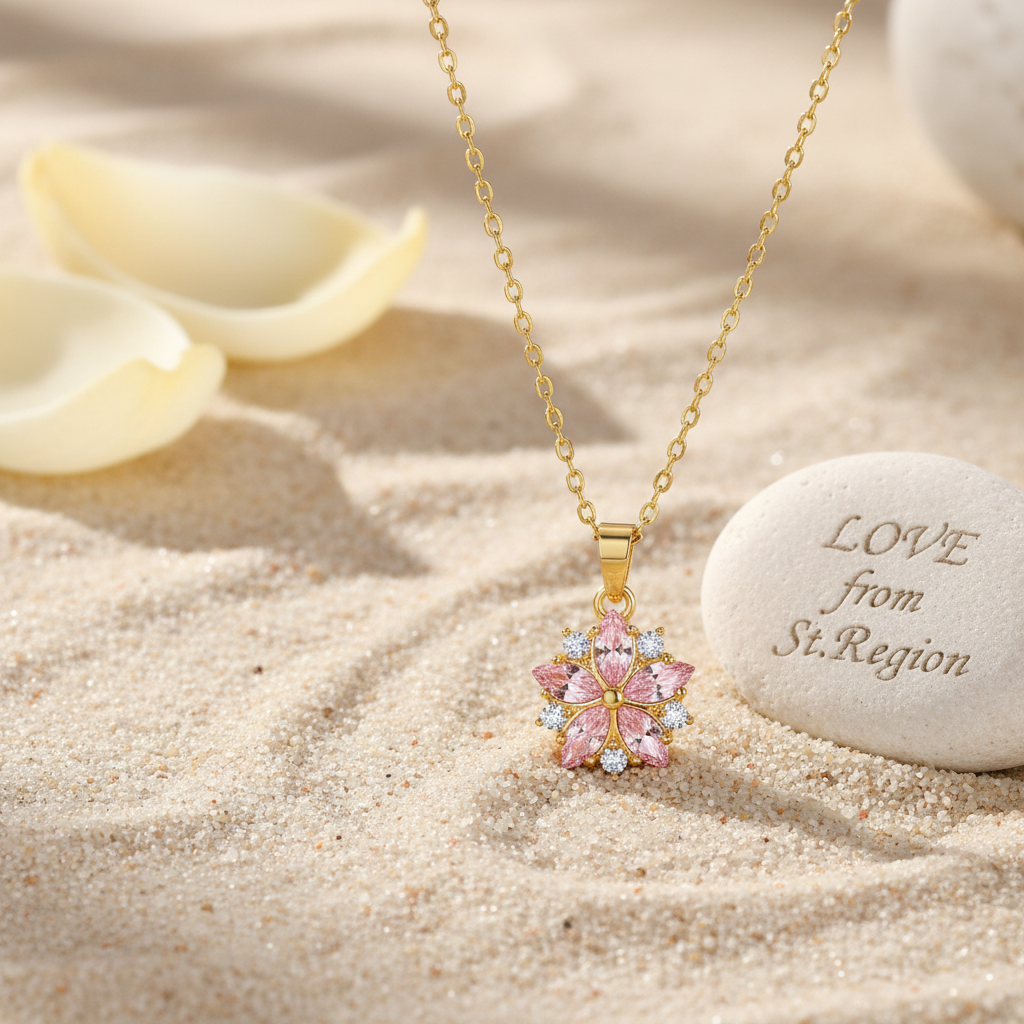 Pink Crystal & Cubic Zirconia Flower Pendant Necklace