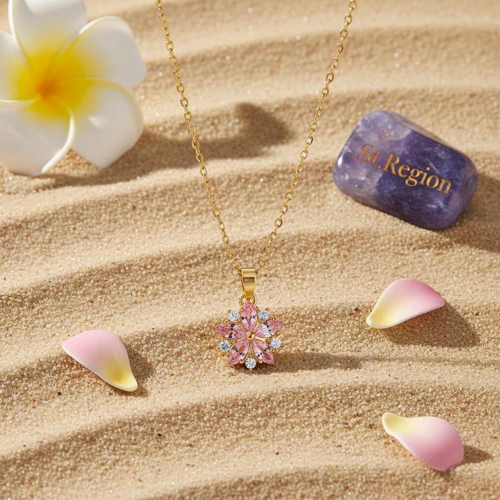 Pink Crystal & Cubic Zirconia Flower Pendant Necklace