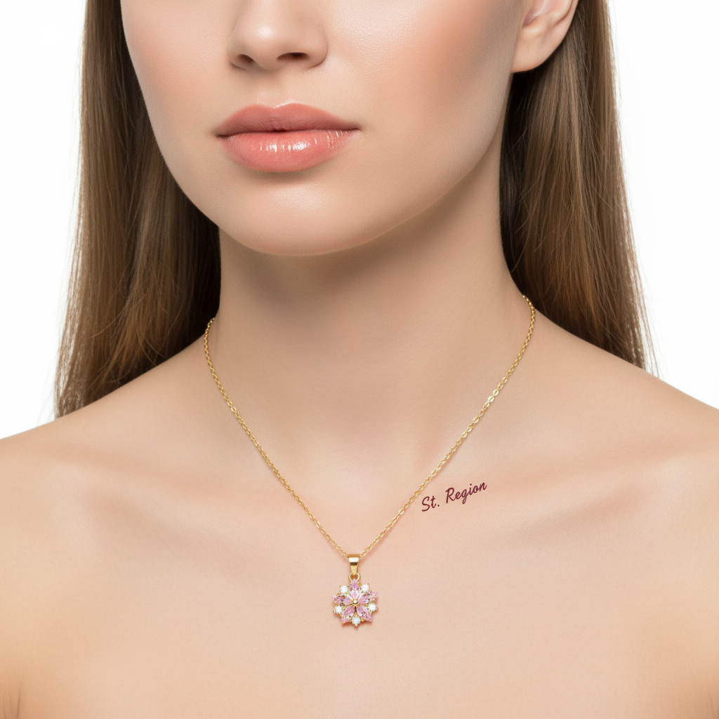 Pink Crystal & Cubic Zirconia Flower Pendant Necklace