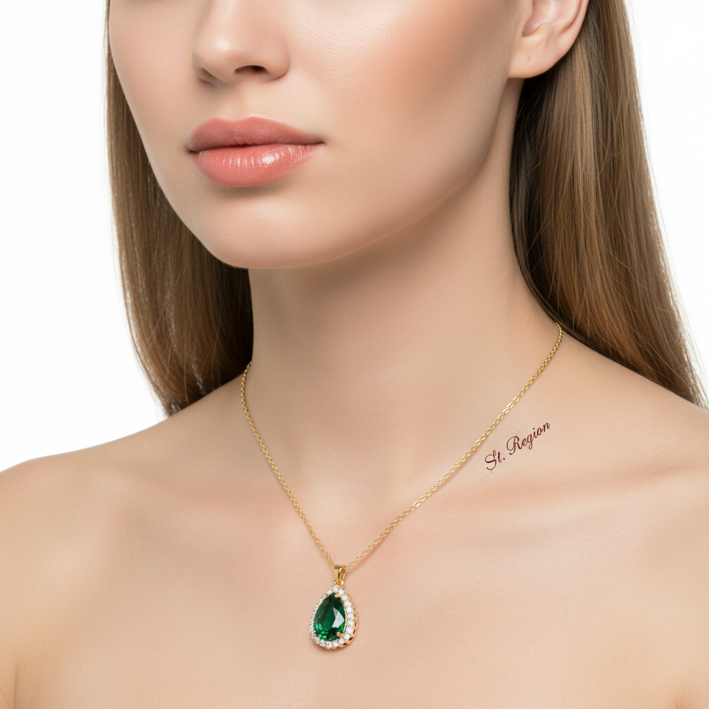 Green Crystal & Cubic Zirconia Drop Pendant Necklace