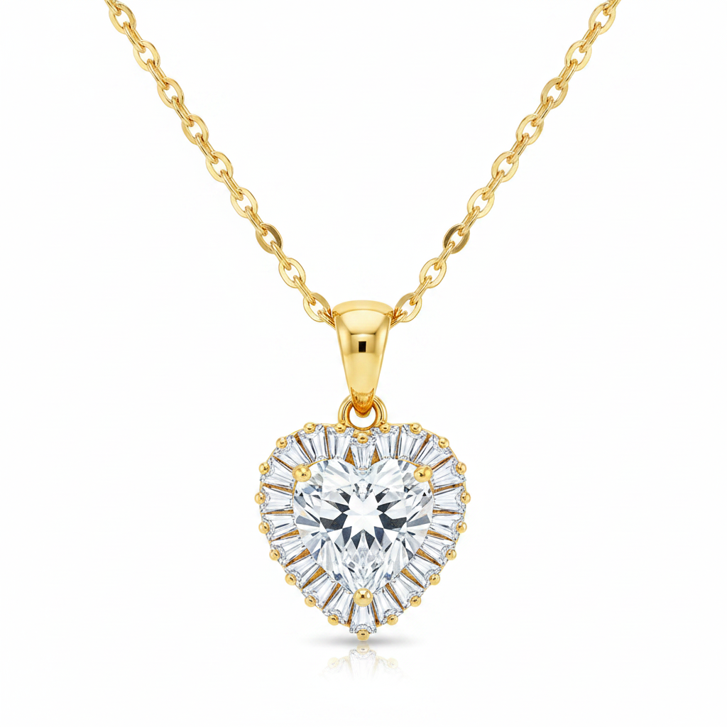 Clear Crystal & Goldtone Heart Halo Pendant Necklace