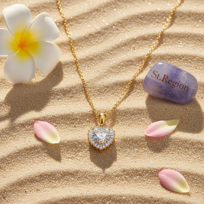Clear Crystal & Goldtone Heart Halo Pendant Necklace
