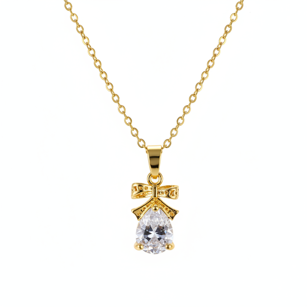 Pear-cut Crystal & Goldtone Bow Pendant Necklace