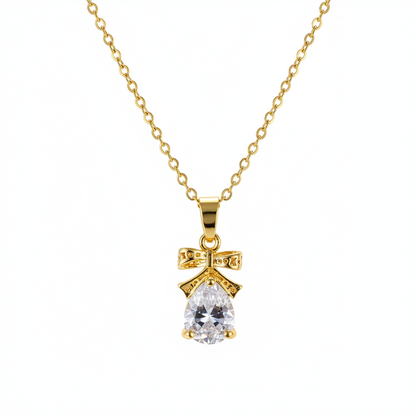 Pear-cut Crystal & Goldtone Bow Pendant Necklace