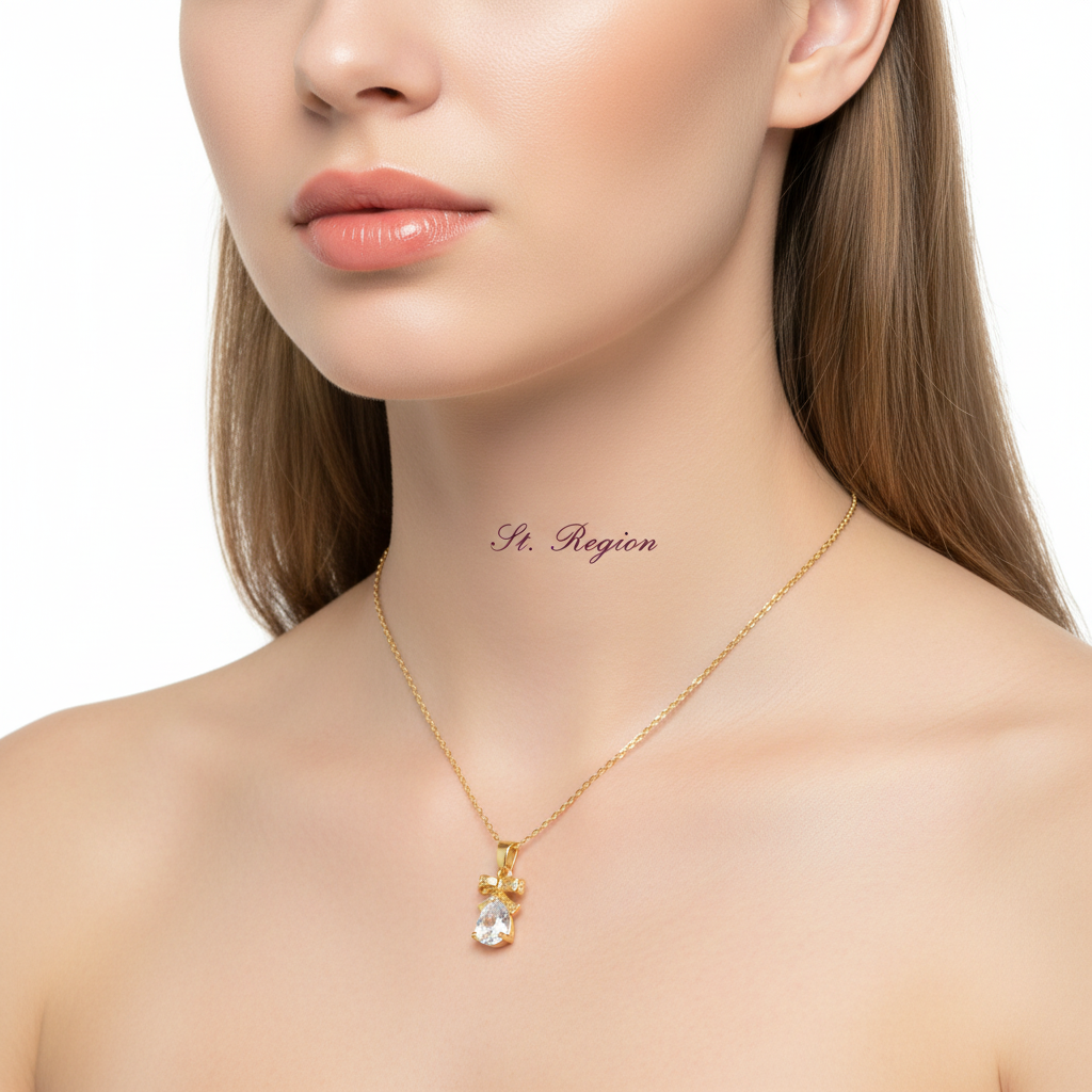 Pear-cut Crystal & Goldtone Bow Pendant Necklace