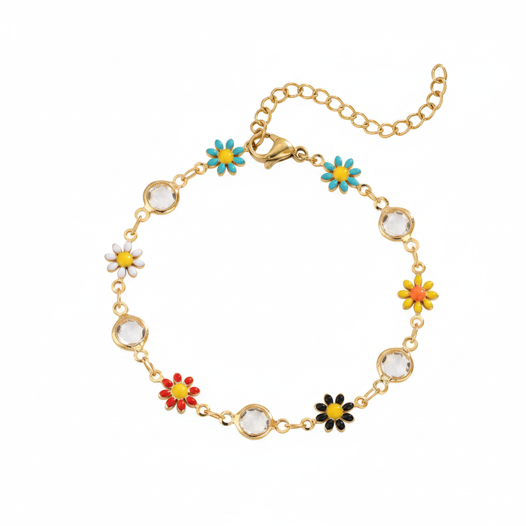 Clear Crystal & Multicolor Enamel Goldtone Mum Station Bracelet