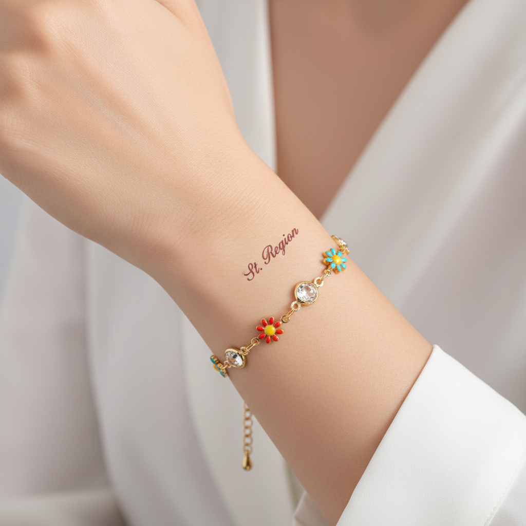 Clear Crystal & Multicolor Enamel Goldtone Mum Station Bracelet