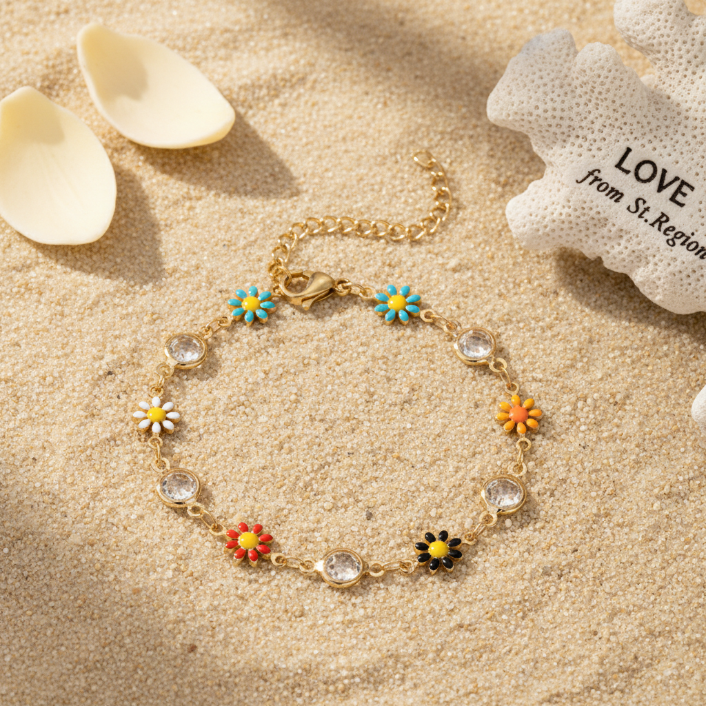 Clear Crystal & Multicolor Enamel Goldtone Mum Station Bracelet