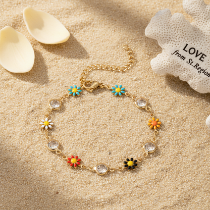 Clear Crystal & Multicolor Enamel Goldtone Mum Station Bracelet