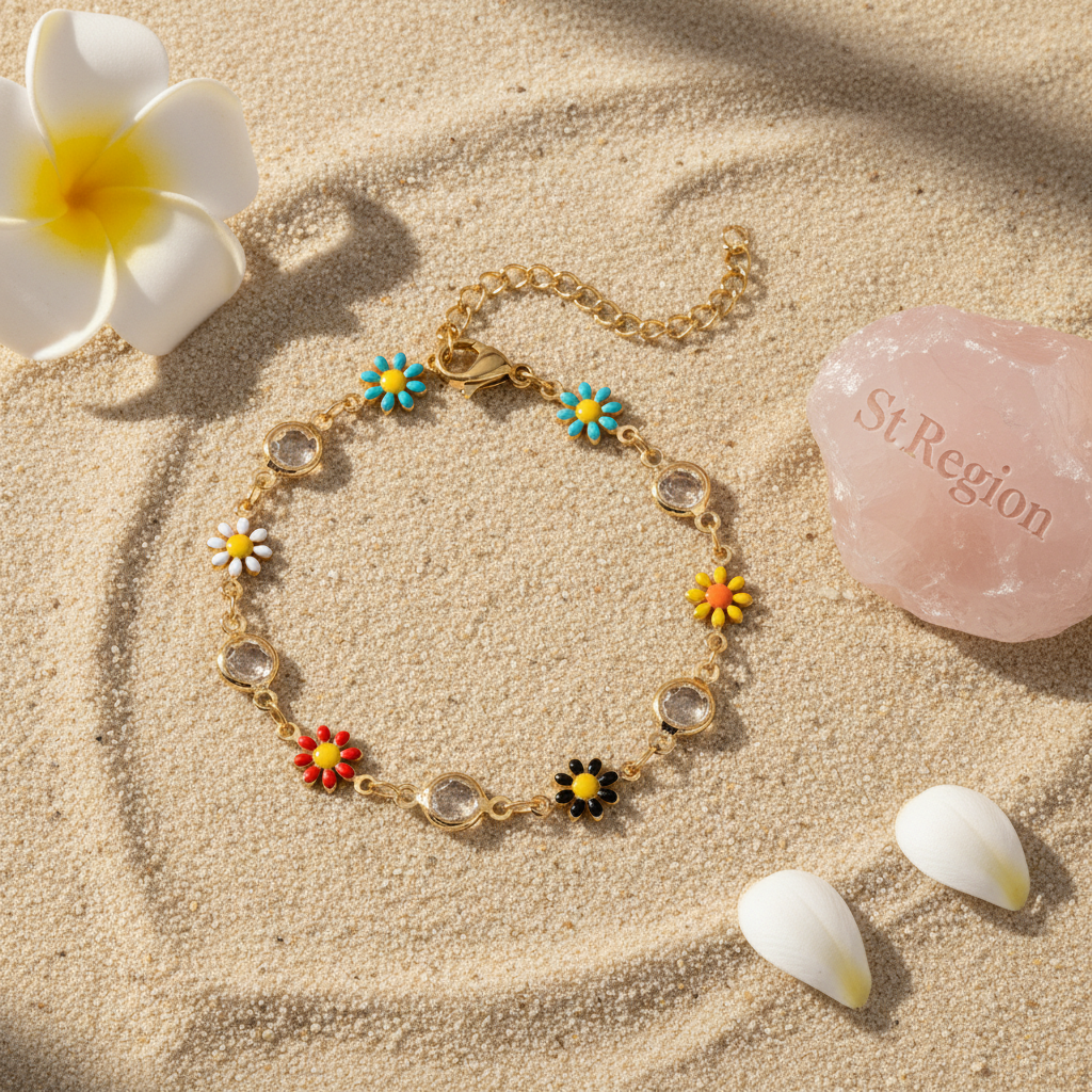 Clear Crystal & Multicolor Enamel Goldtone Mum Station Bracelet