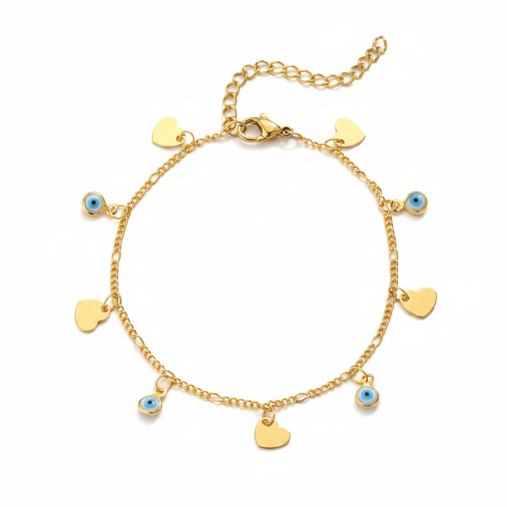 Blue Acrylic & Goldtone Eye Heart Station Bracelet