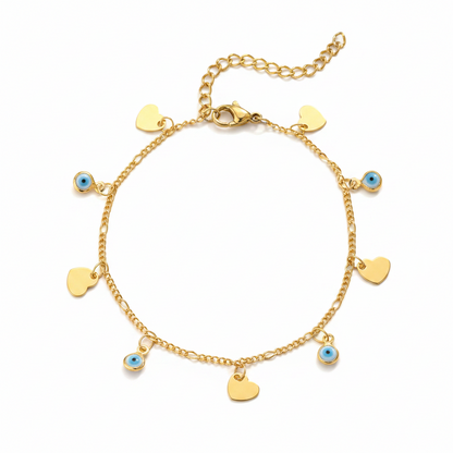 Blue Acrylic & Goldtone Eye Heart Station Bracelet
