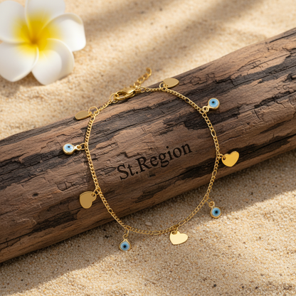 Blue Acrylic & Goldtone Eye Heart Station Bracelet