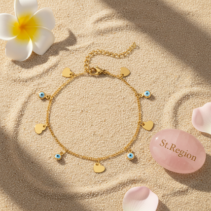 Blue Acrylic & Goldtone Eye Heart Station Bracelet