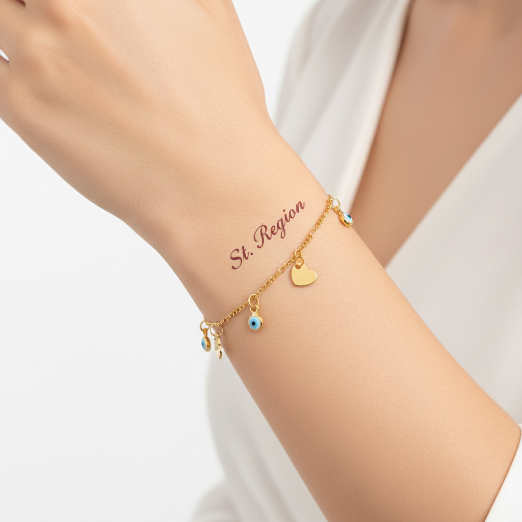 Blue Acrylic & Goldtone Eye Heart Station Bracelet