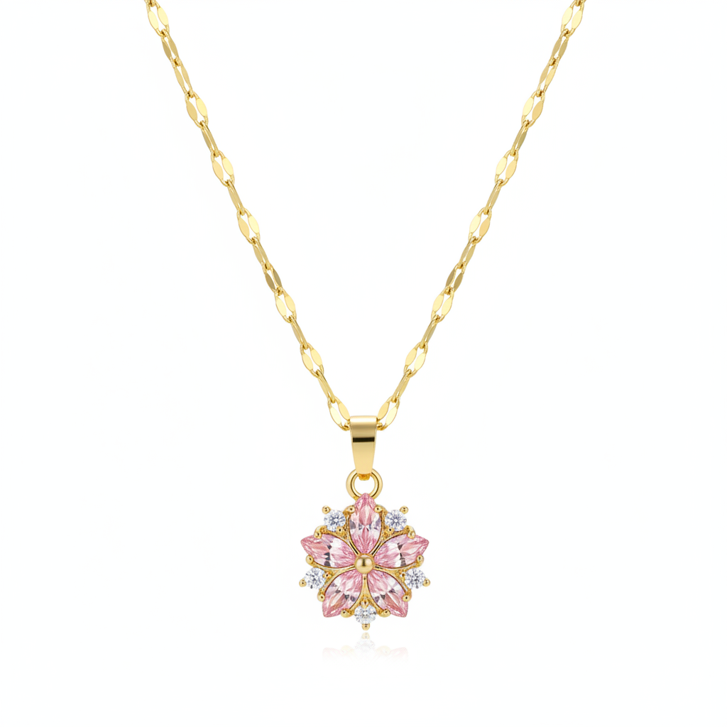 Pink Crystal & Cubic Zirconia Goldtone Floral Pendant Necklace