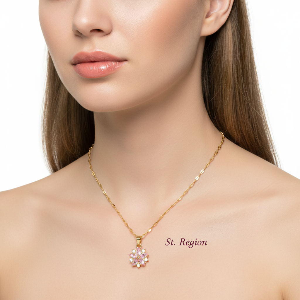 Pink Crystal & Cubic Zirconia Goldtone Floral Pendant Necklace