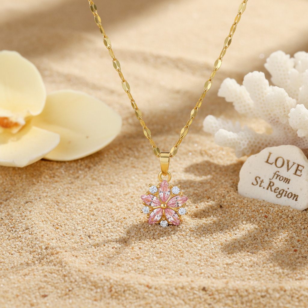 Pink Crystal & Cubic Zirconia Goldtone Floral Pendant Necklace