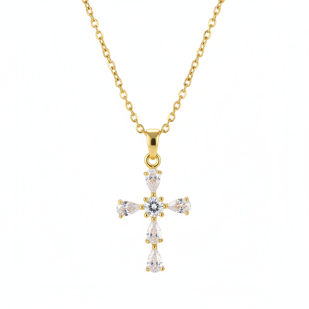 Pear-cut Crystal & Goldtone Cross Pendant Necklace