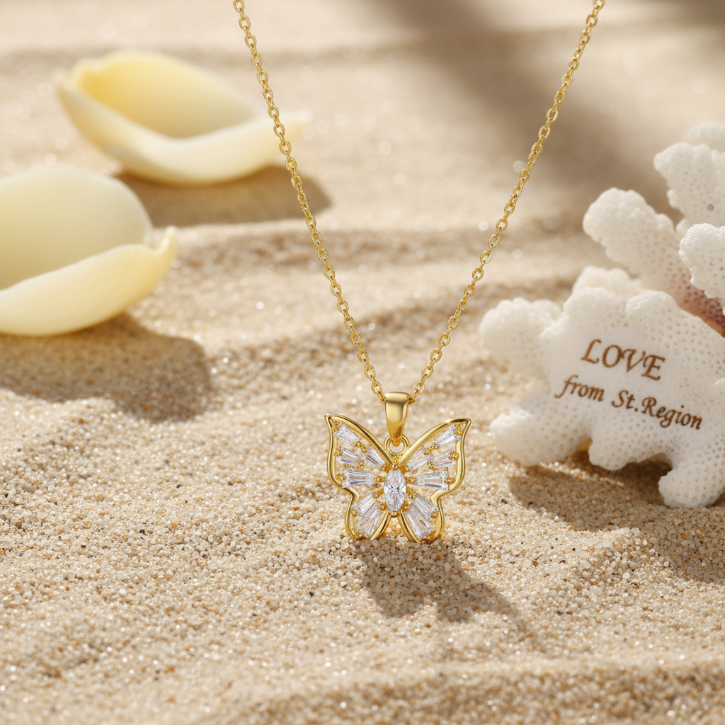 Crystal & Goldtone Butterfly Pendant Necklace