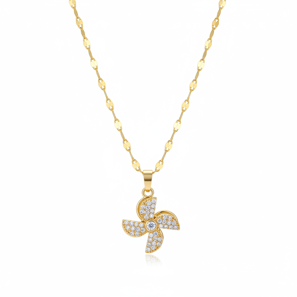 Cubic Zirconia & Goldtone Rotatable Windmill Pendant Necklace