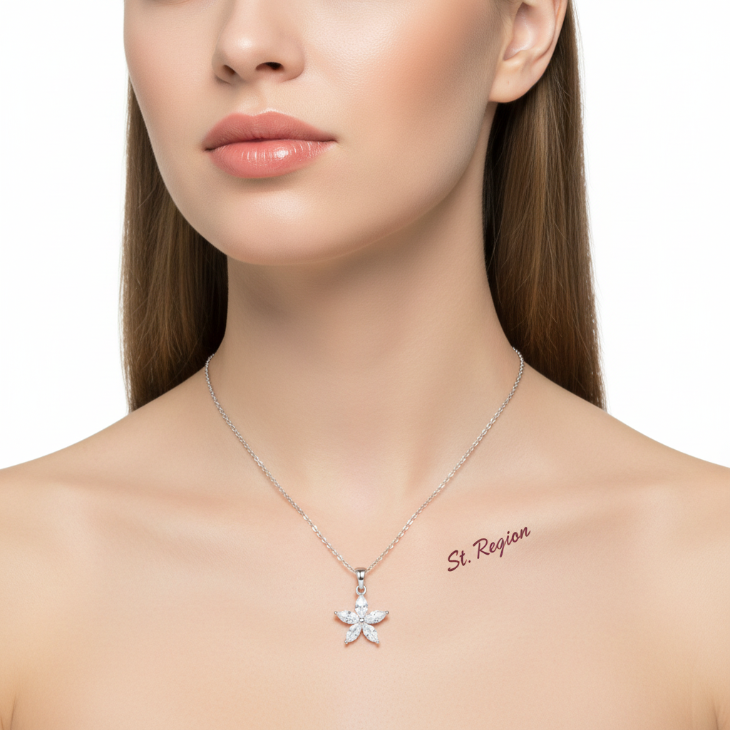 Crystal & Silvertone Marquise Flower Pendant Necklace
